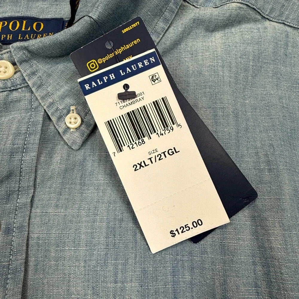 Polo Ralph Lauren Men Size 2XLT Button Down Shirt Blue Chambray Big & Tall NWT
